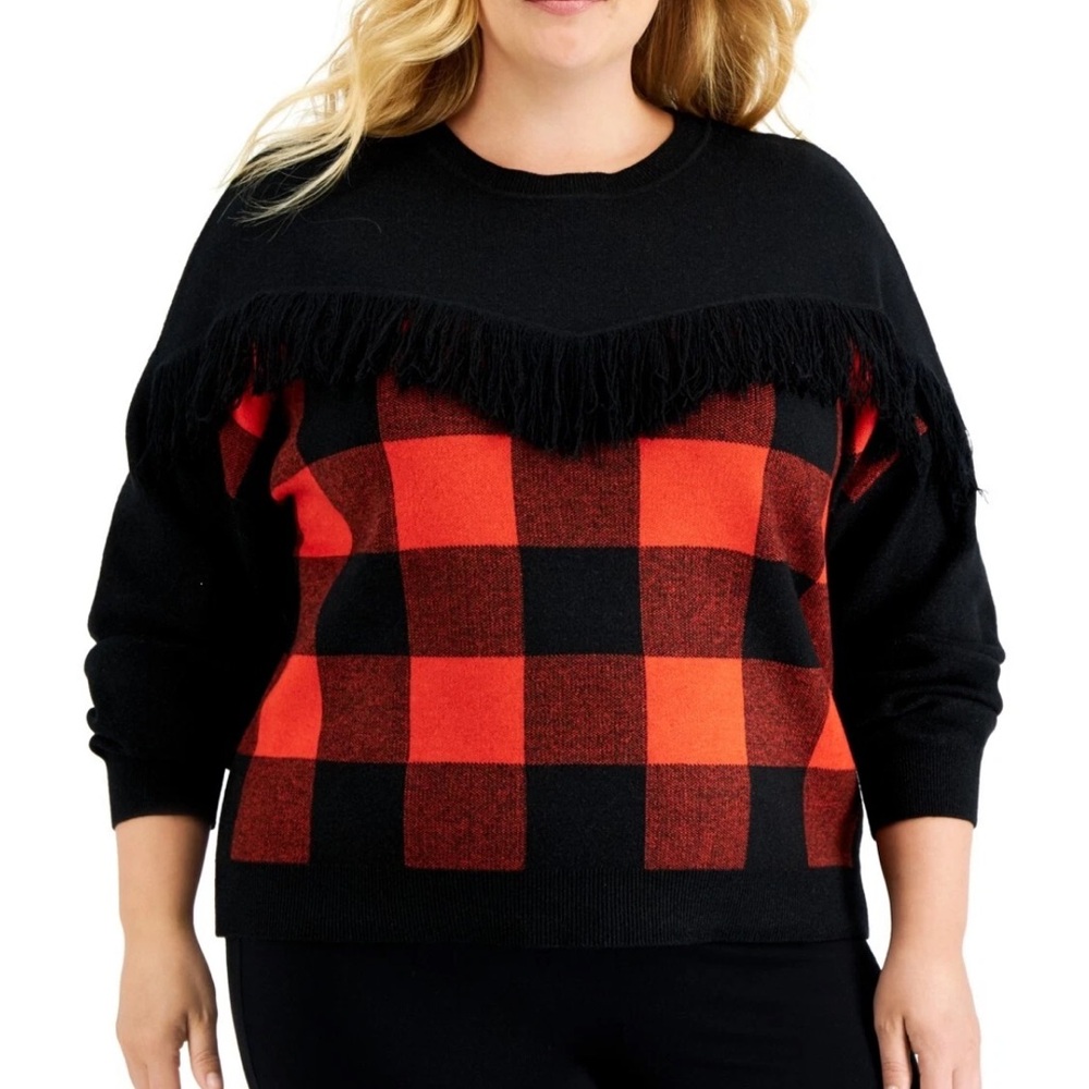 Bar III NEW Fringed Buffalo Plaid Shimmer Sweater Sz 3X